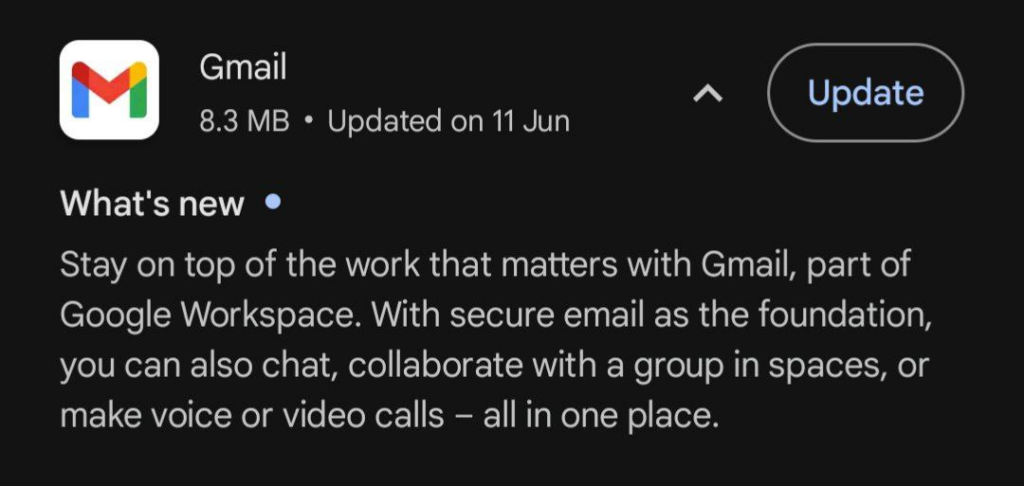 A Google Play screenshot showing the changelog of Gmail: "Stay on top of the work that matters with Gmail, part of Google Workspace".