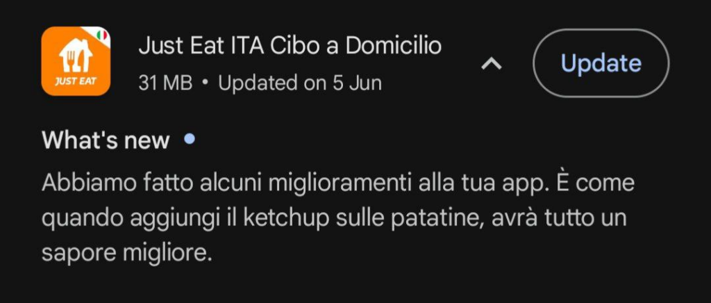 A Google Play screenshot that reads some text in Italian in the changelog description of the Just Eat app.